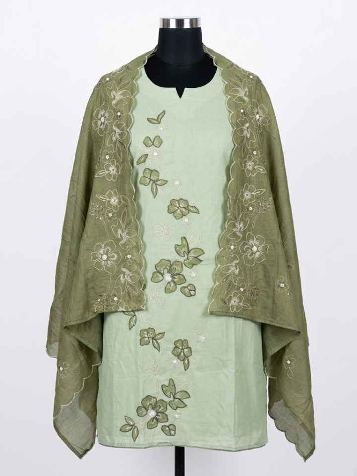 Sage & Olive Green Mal Cotton Suit with Scalloped Floral Embroidery