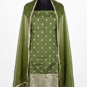 Olive Green Woven Muslin Silk Suit with Banarasi-Style Border