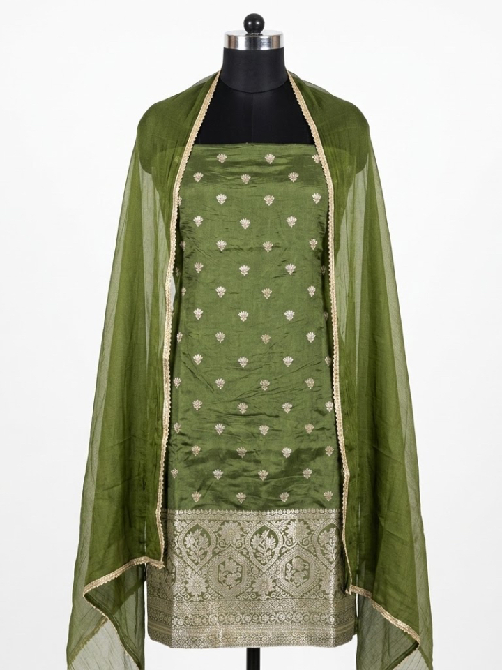Olive Green Woven Muslin Silk Suit with Banarasi-Style Border