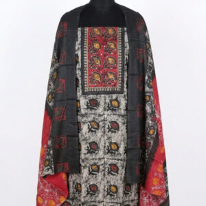 Charcoal Black & Crimson Batik Print Cotton Suit with Embroidered Yoke
