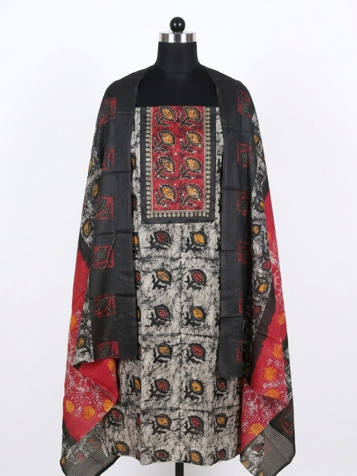 Charcoal Black & Crimson Batik Print Cotton Suit with Embroidered Yoke