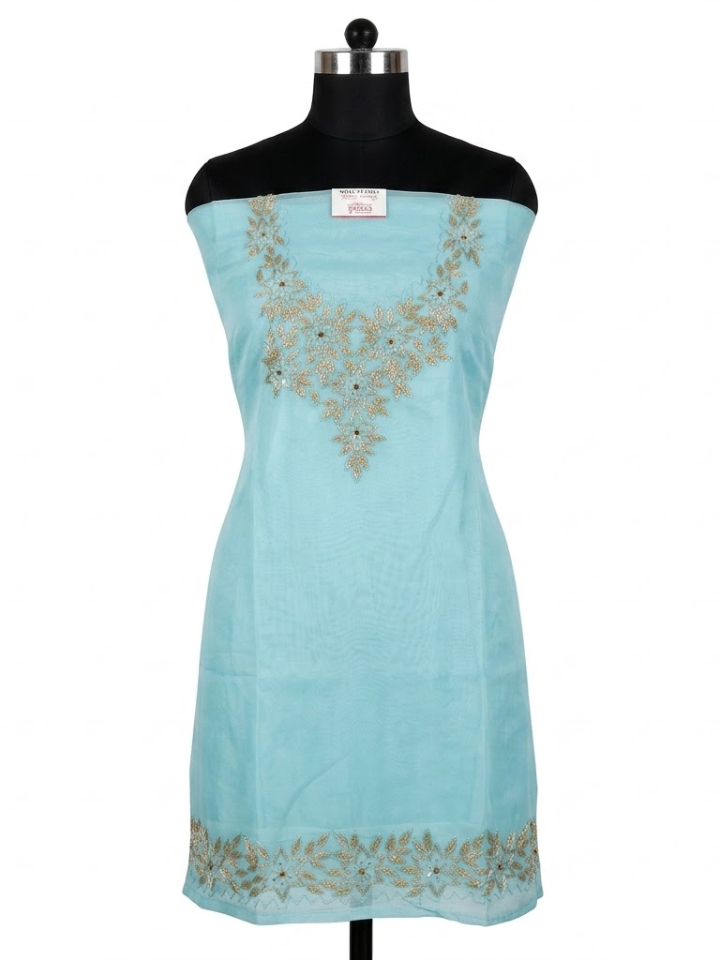 Sky Blue Twell Organza Suit with Ornate Gold Hand-Work