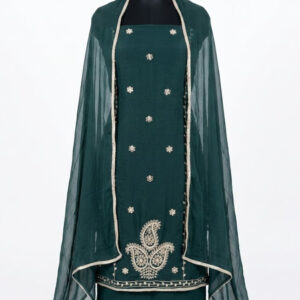 Bottle Green Organza Silk Suit with Ornate Paisley Hand-Work