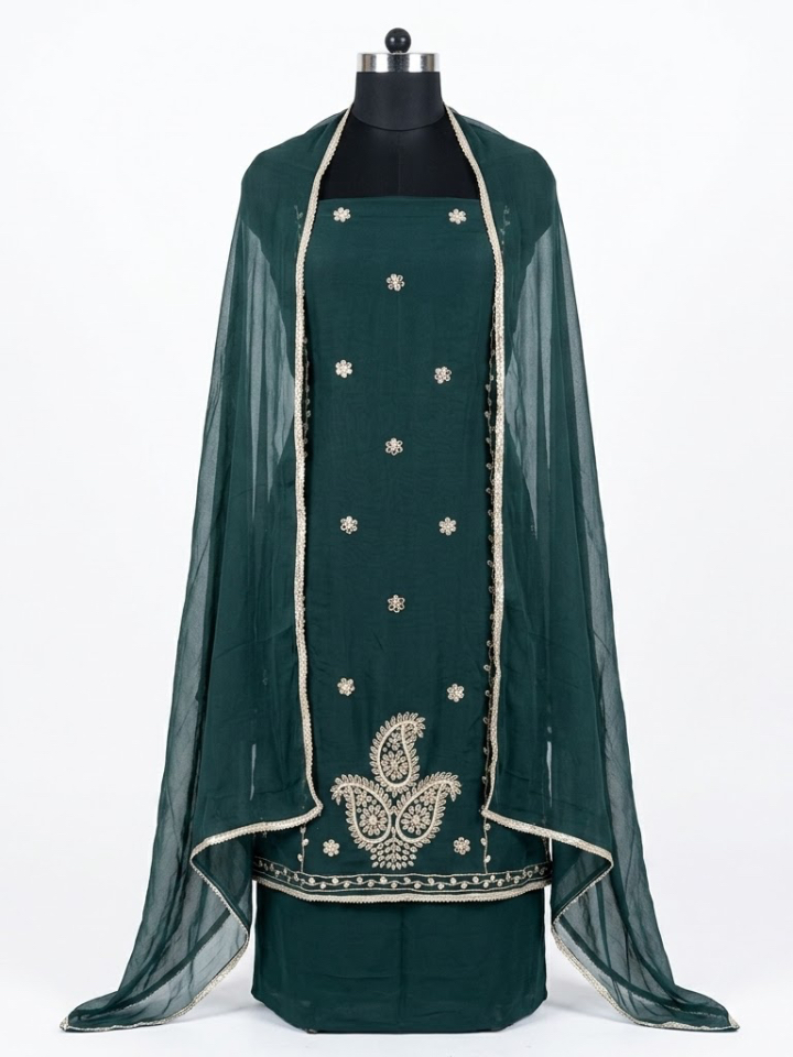 Bottle Green Organza Silk Suit with Ornate Paisley Hand-Work