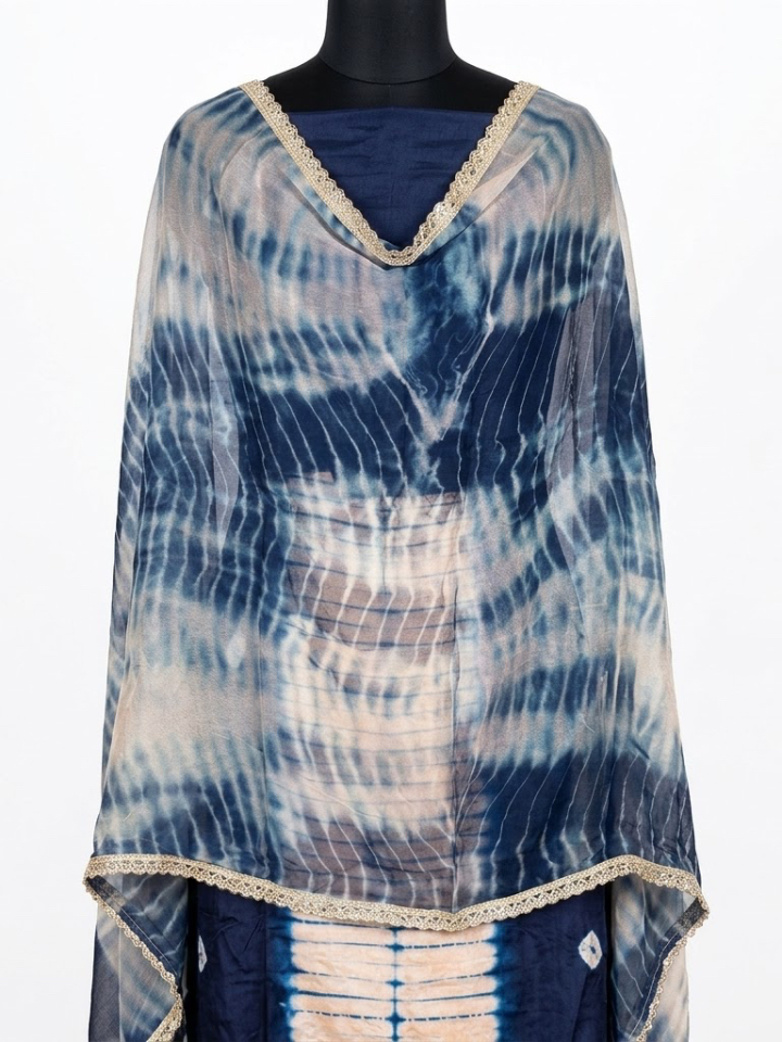Indigo Tie-Dye Glass Organza Suit with Hand-Work Original Mirrors