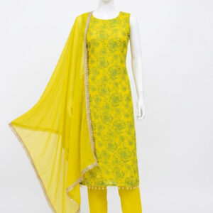 Lime Yellow Burberry Floral Suit Set with Pure Lace Dupatta