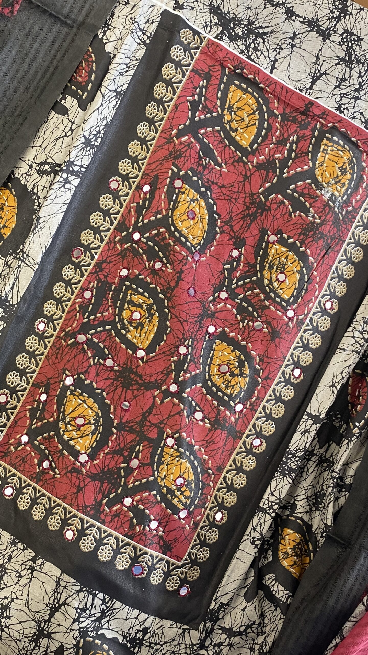 Charcoal Black & Crimson Batik Print Cotton Suit with Embroidered Yoke - Image 2