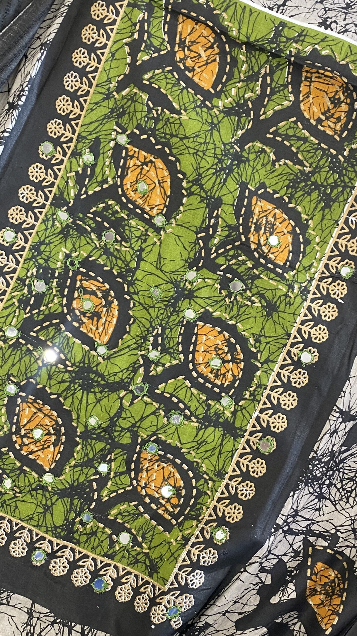 Charcoal Black & Crimson Batik Print Cotton Suit with Embroidered Yoke - Image 3