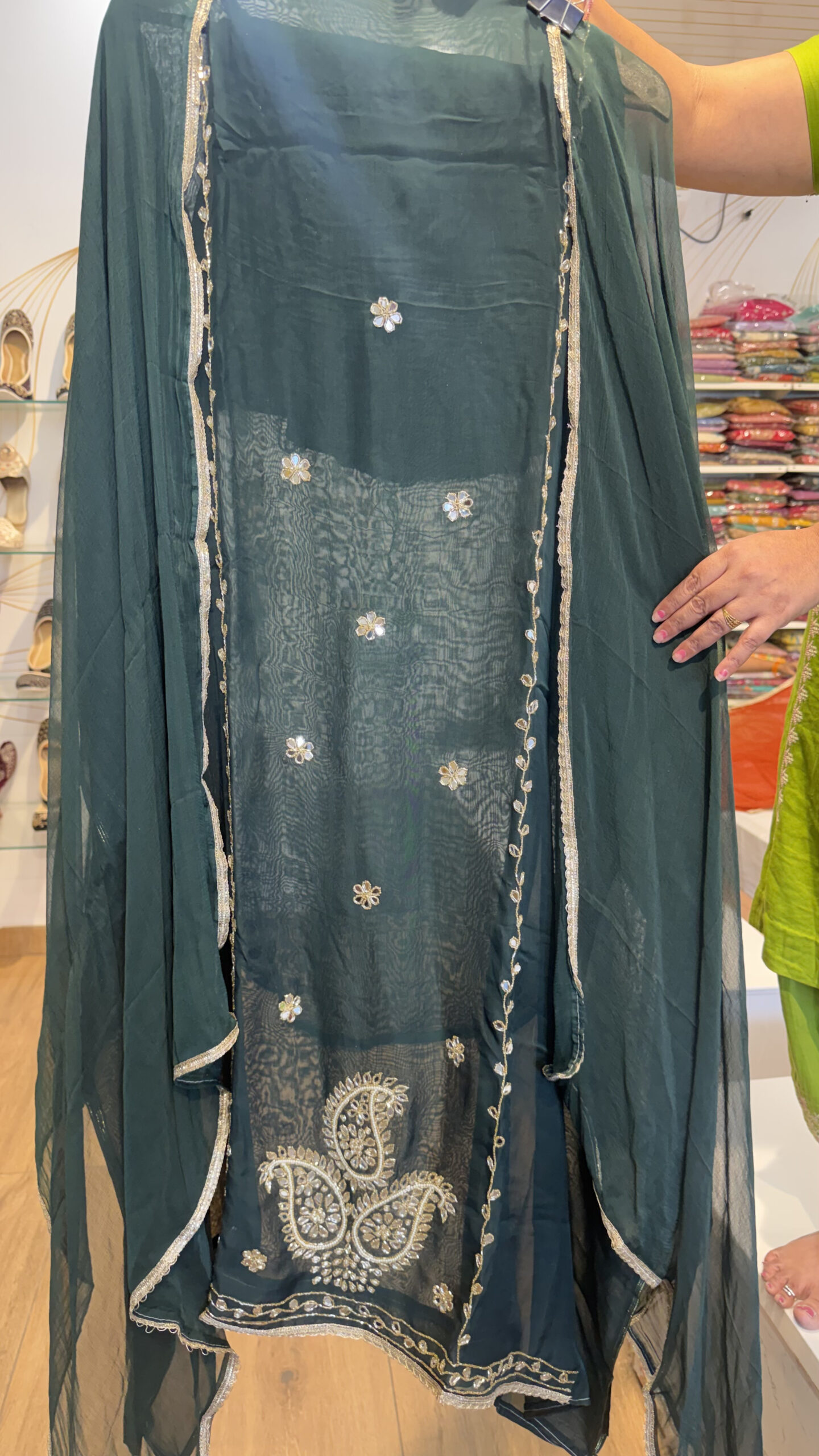 Bottle Green Organza Silk Suit with Ornate Paisley Hand-Work - Image 5