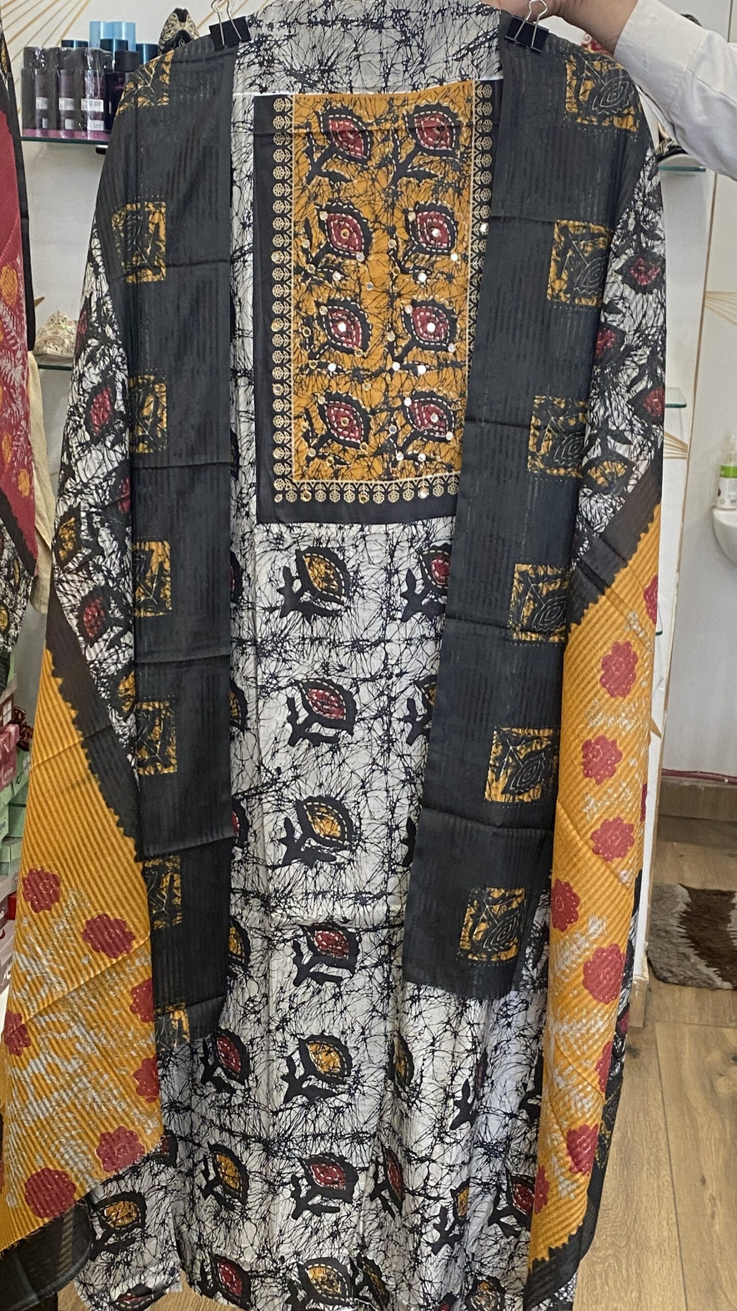 Charcoal Black & Crimson Batik Print Cotton Suit with Embroidered Yoke - Image 4