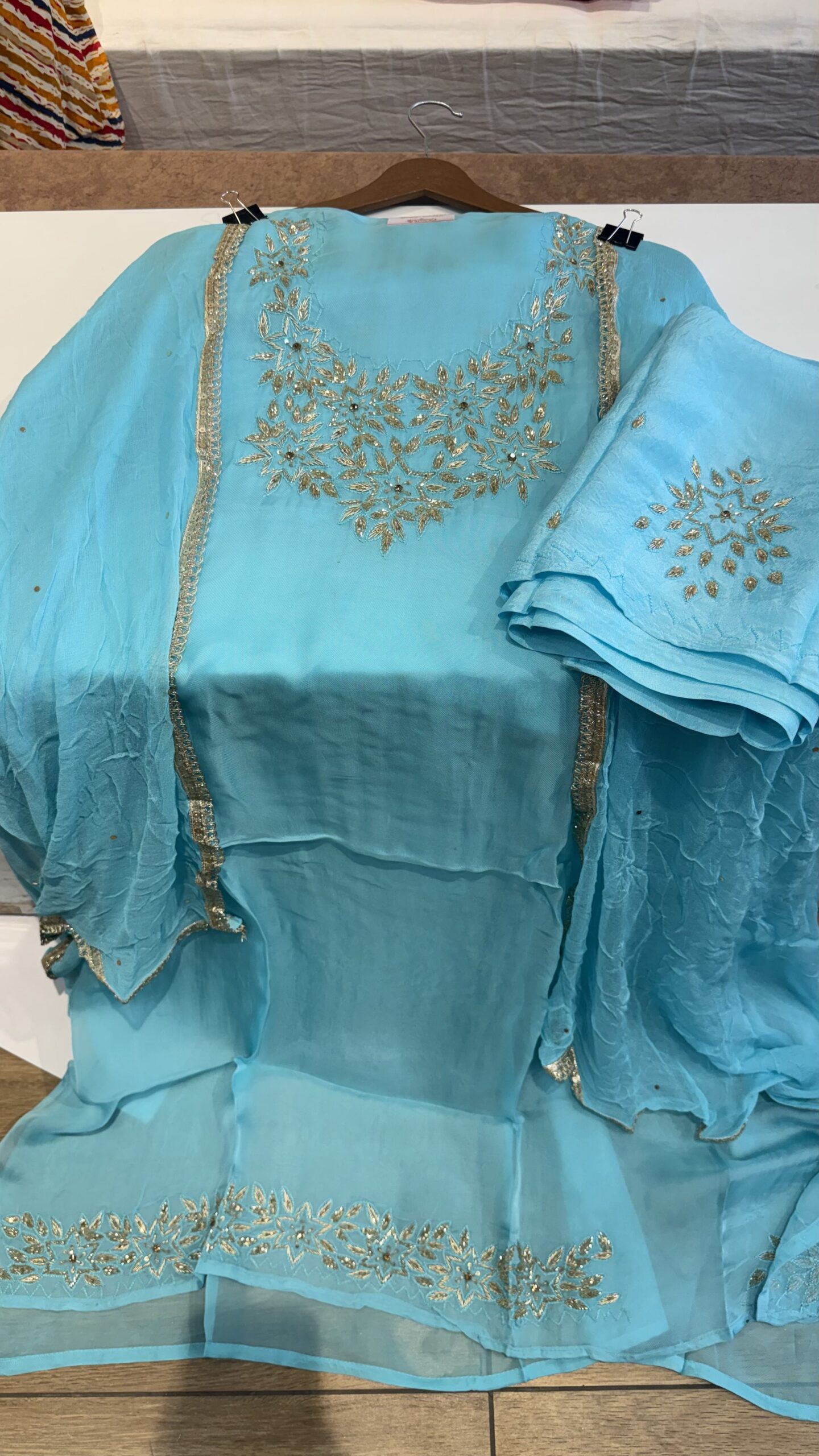 Sky Blue Twell Organza Suit with Ornate Gold Hand-Work - Image 3