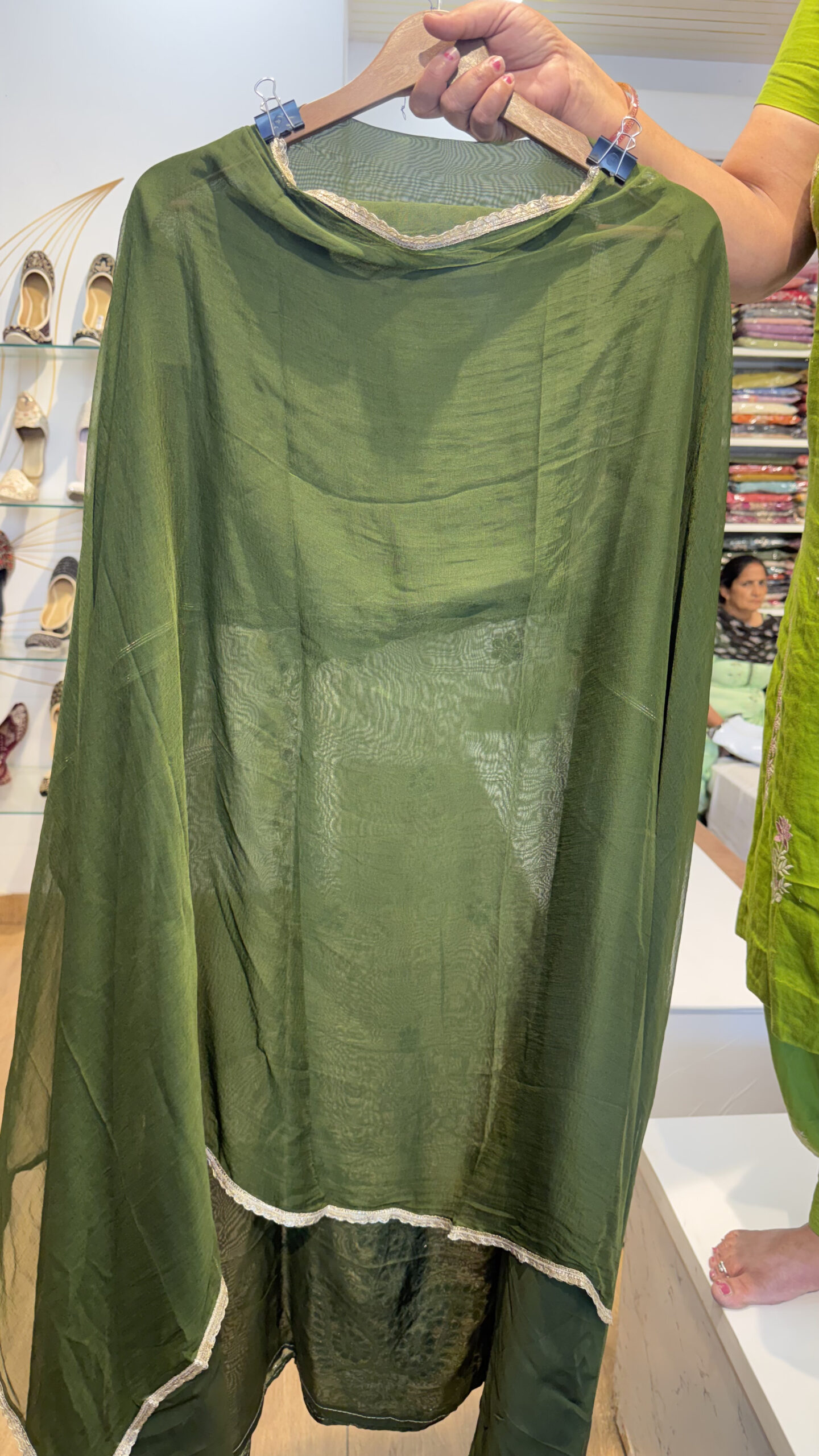 Bottle Green Organza Silk Suit with Ornate Paisley Hand-Work - Image 4