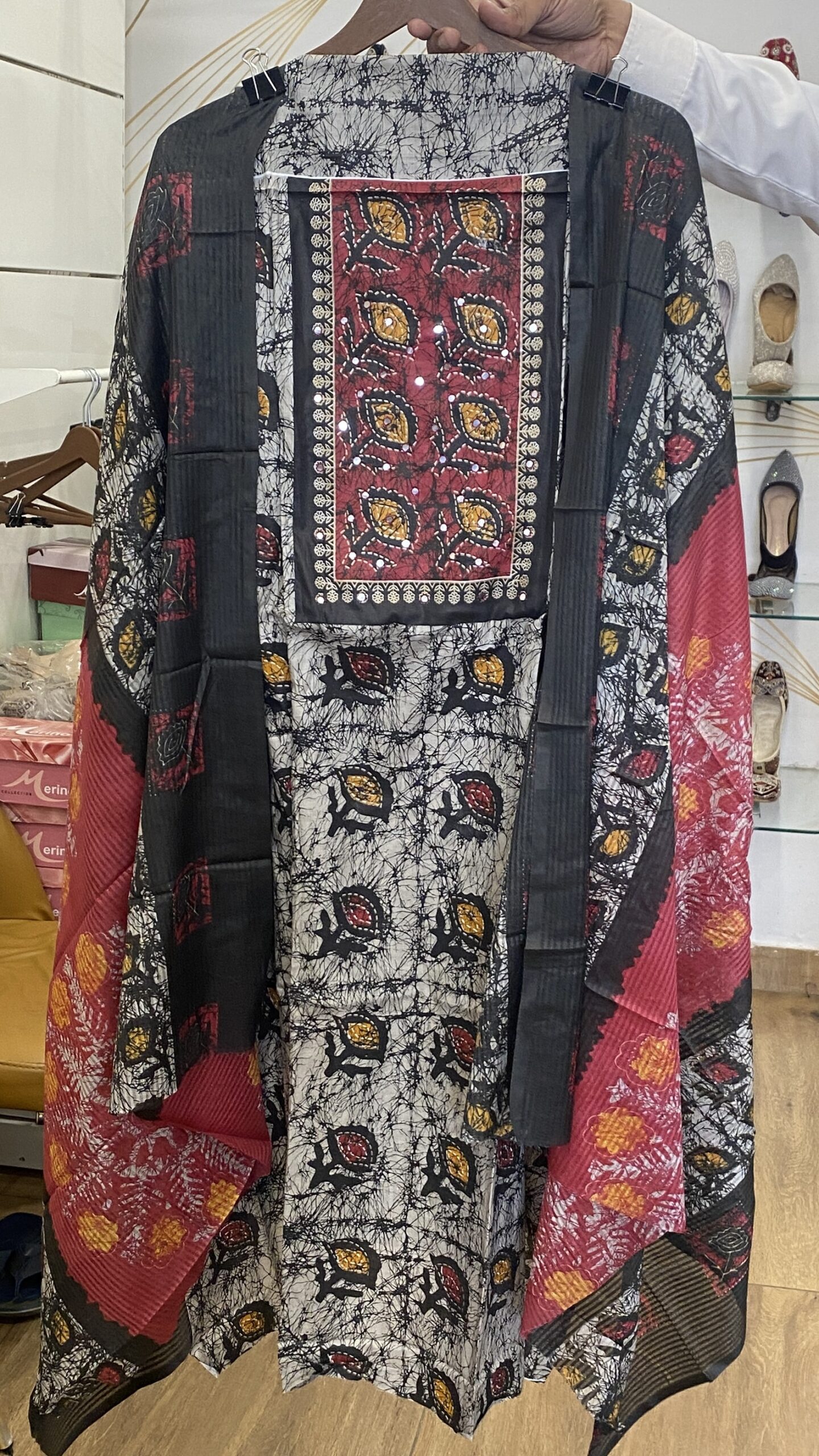 Charcoal Black & Crimson Batik Print Cotton Suit with Embroidered Yoke - Image 5