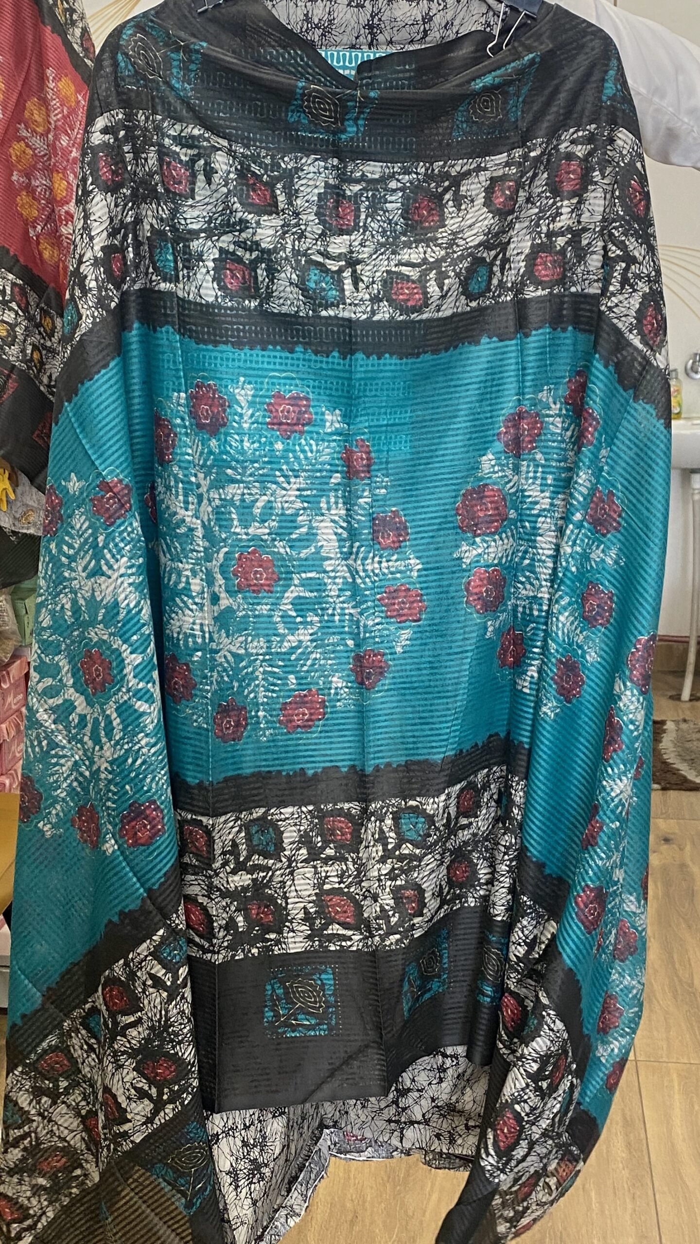 Charcoal Black & Crimson Batik Print Cotton Suit with Embroidered Yoke - Image 6