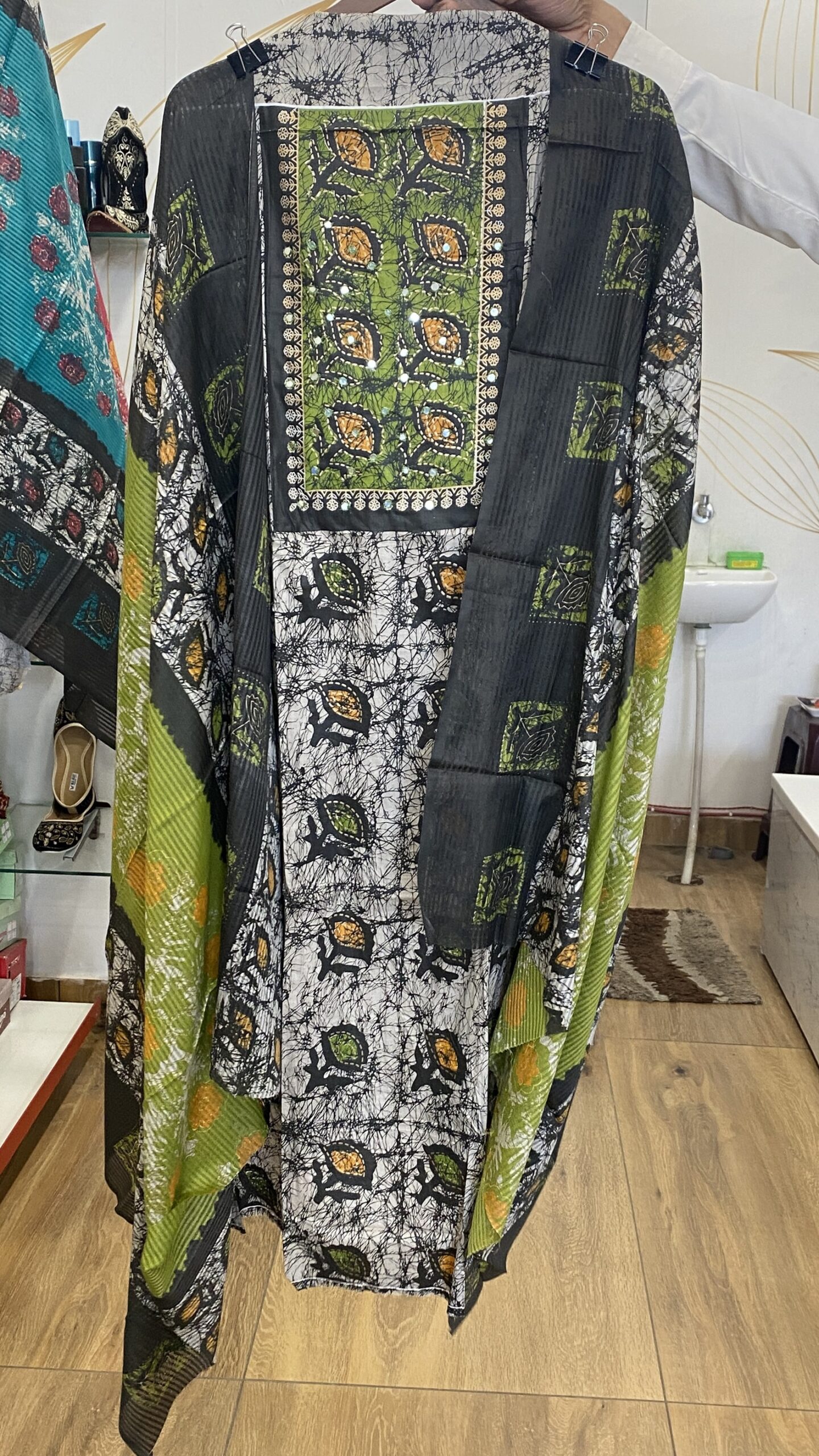Charcoal Black & Crimson Batik Print Cotton Suit with Embroidered Yoke - Image 7