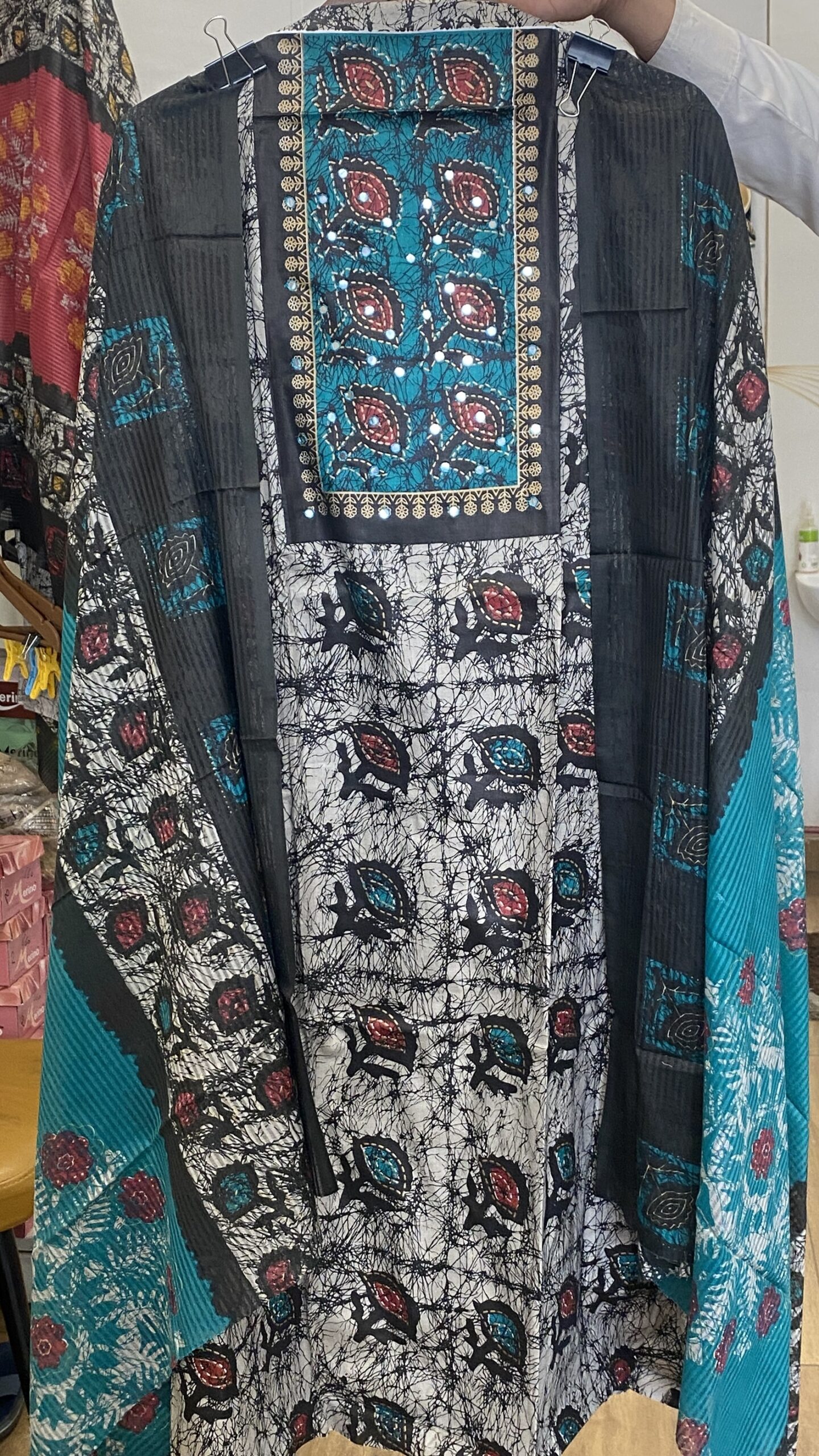 Charcoal Black & Crimson Batik Print Cotton Suit with Embroidered Yoke - Image 8