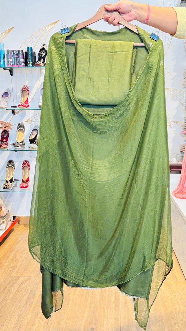 Olive Green Woven Muslin Silk Suit with Banarasi-Style Border - Image 2