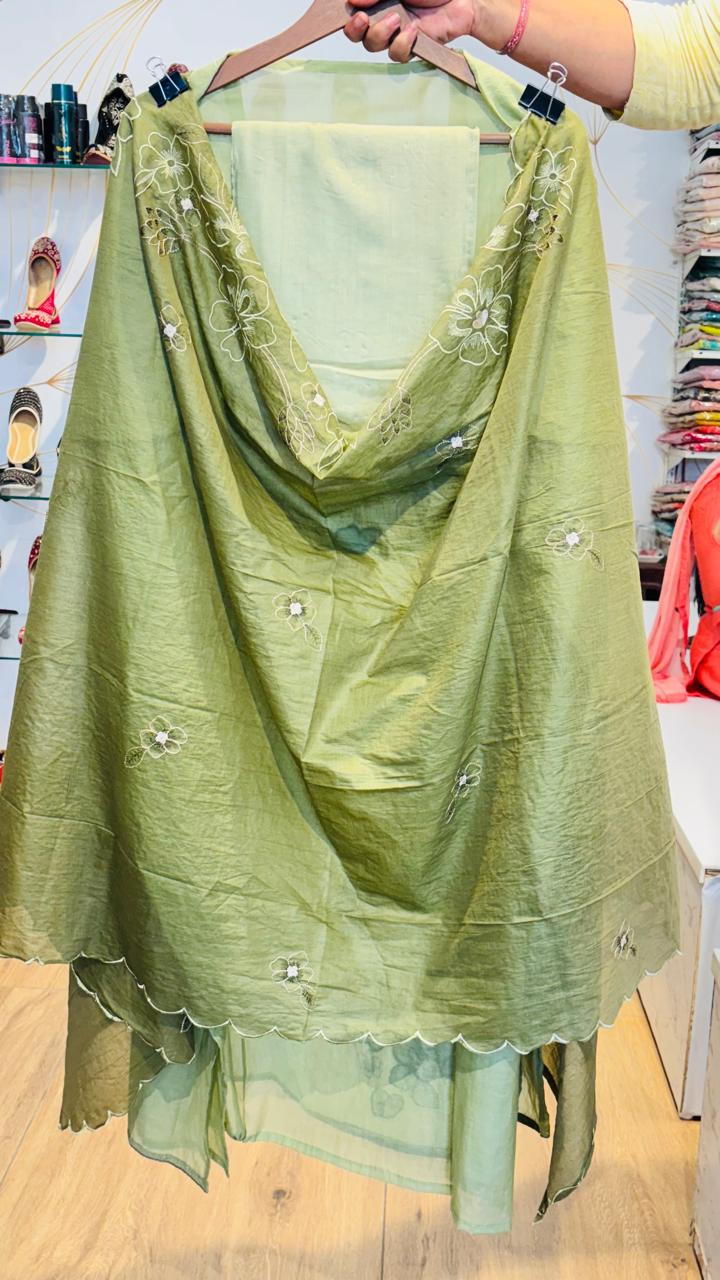 Sage & Olive Green Mal Cotton Suit with Scalloped Floral Embroidery - Image 2