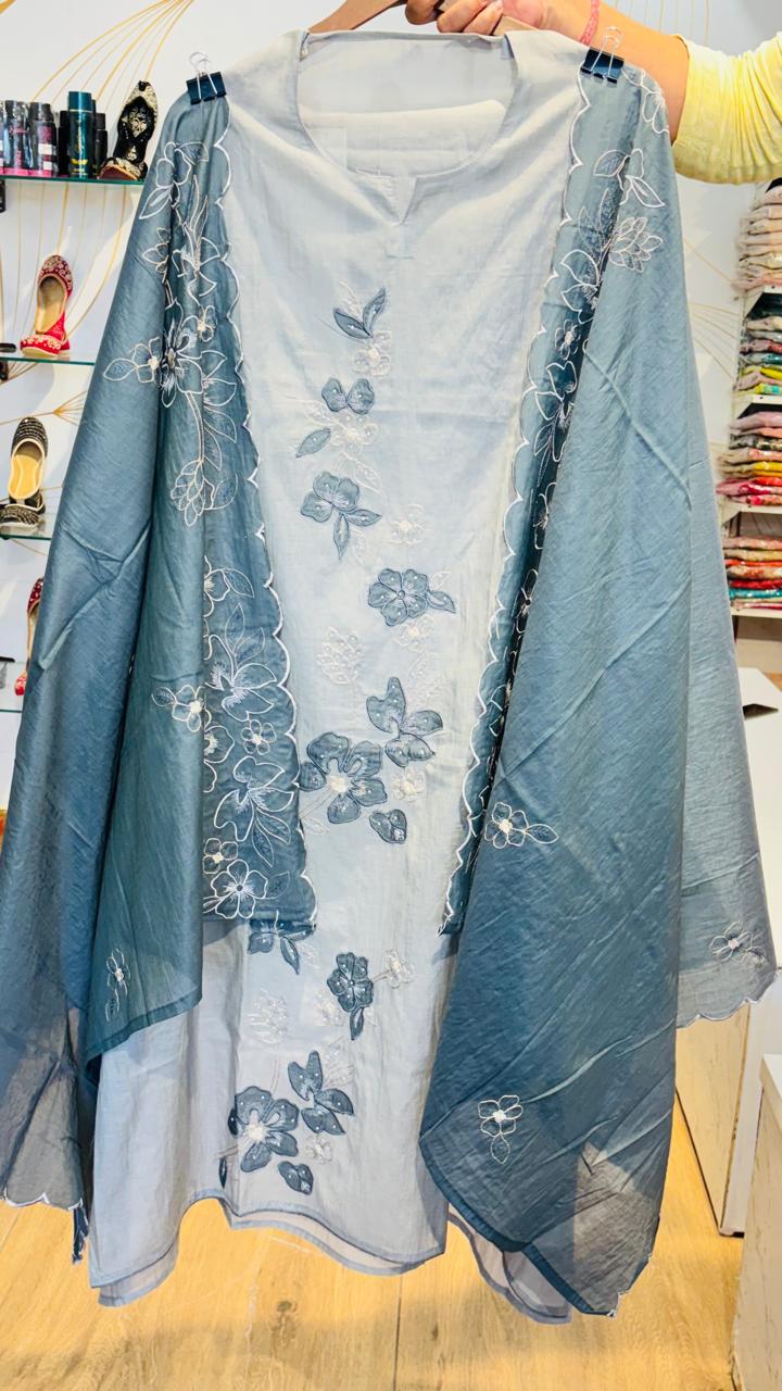 Sage & Olive Green Mal Cotton Suit with Scalloped Floral Embroidery - Image 4