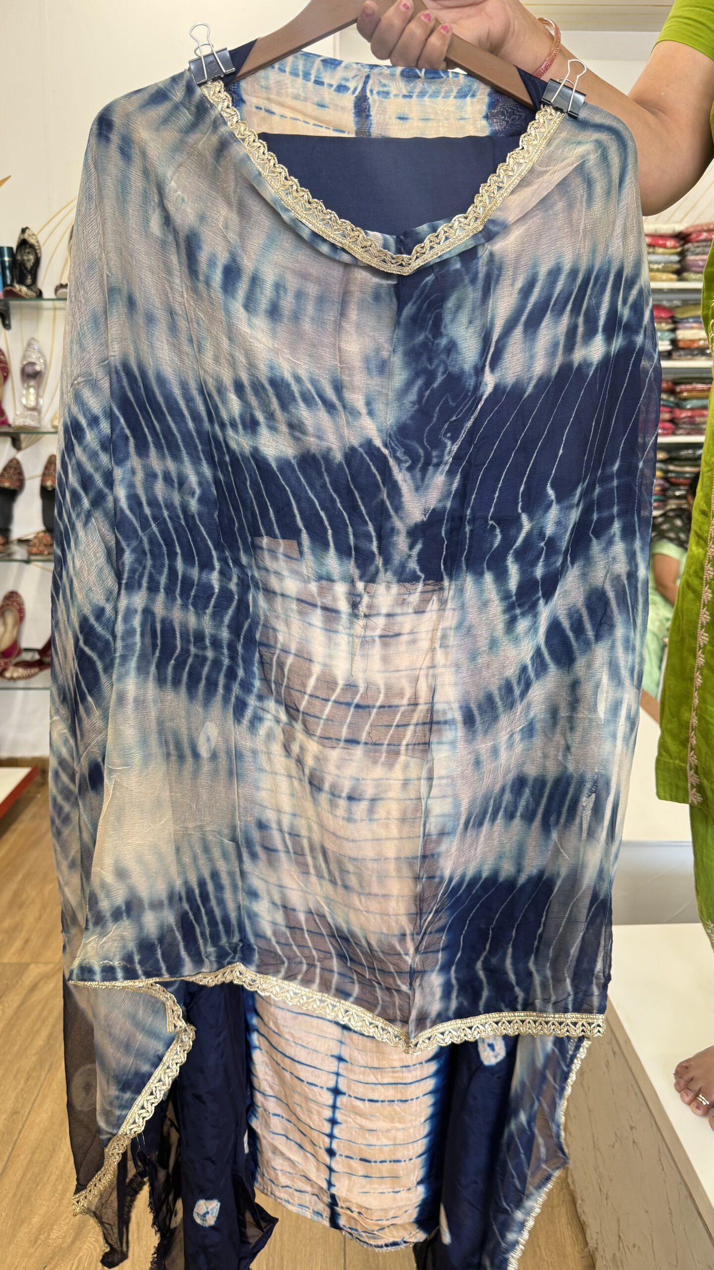 Indigo Tie-Dye Glass Organza Suit with Hand-Work Original Mirrors - Image 2