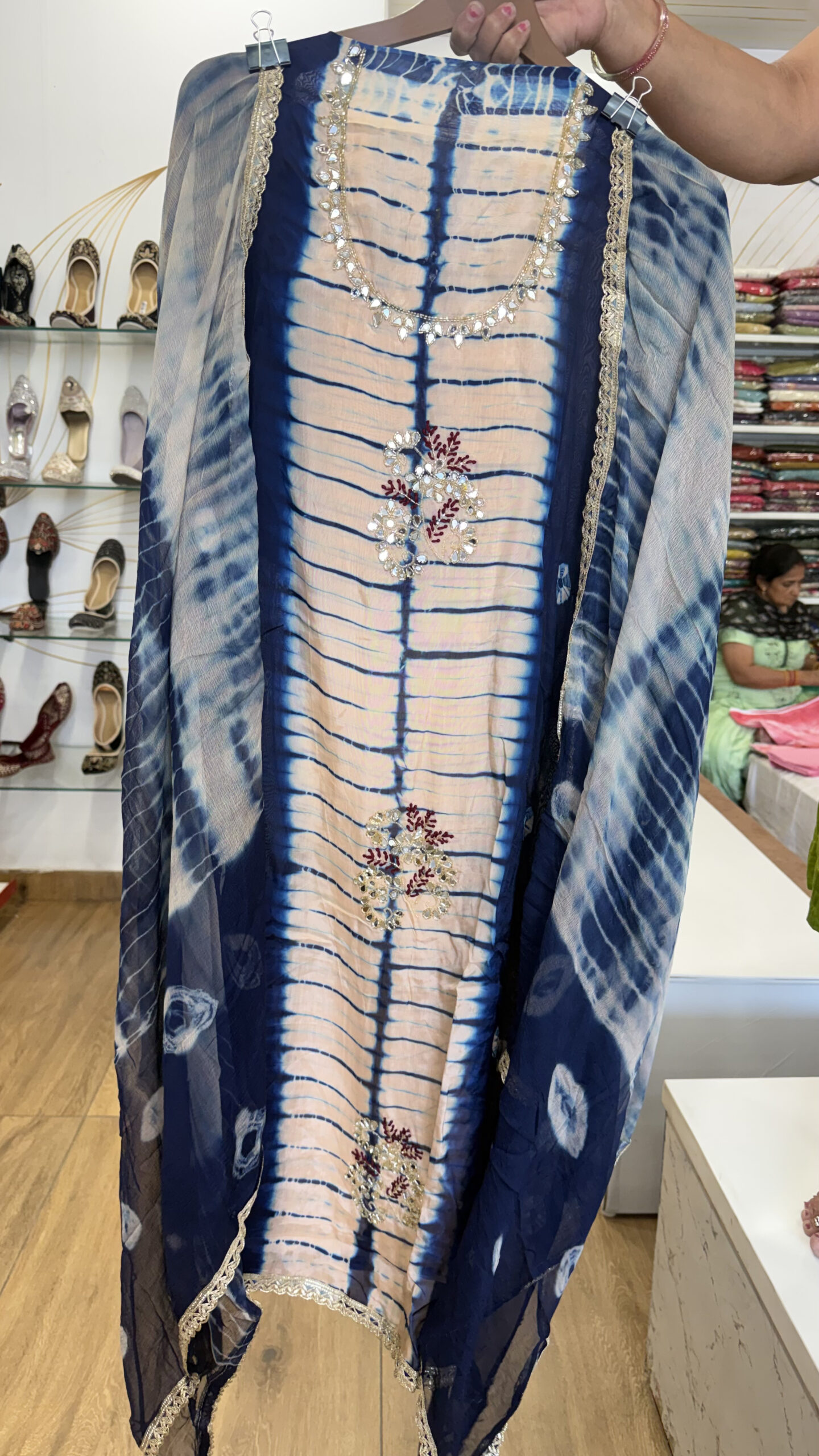 Indigo Tie-Dye Glass Organza Suit with Hand-Work Original Mirrors - Image 3