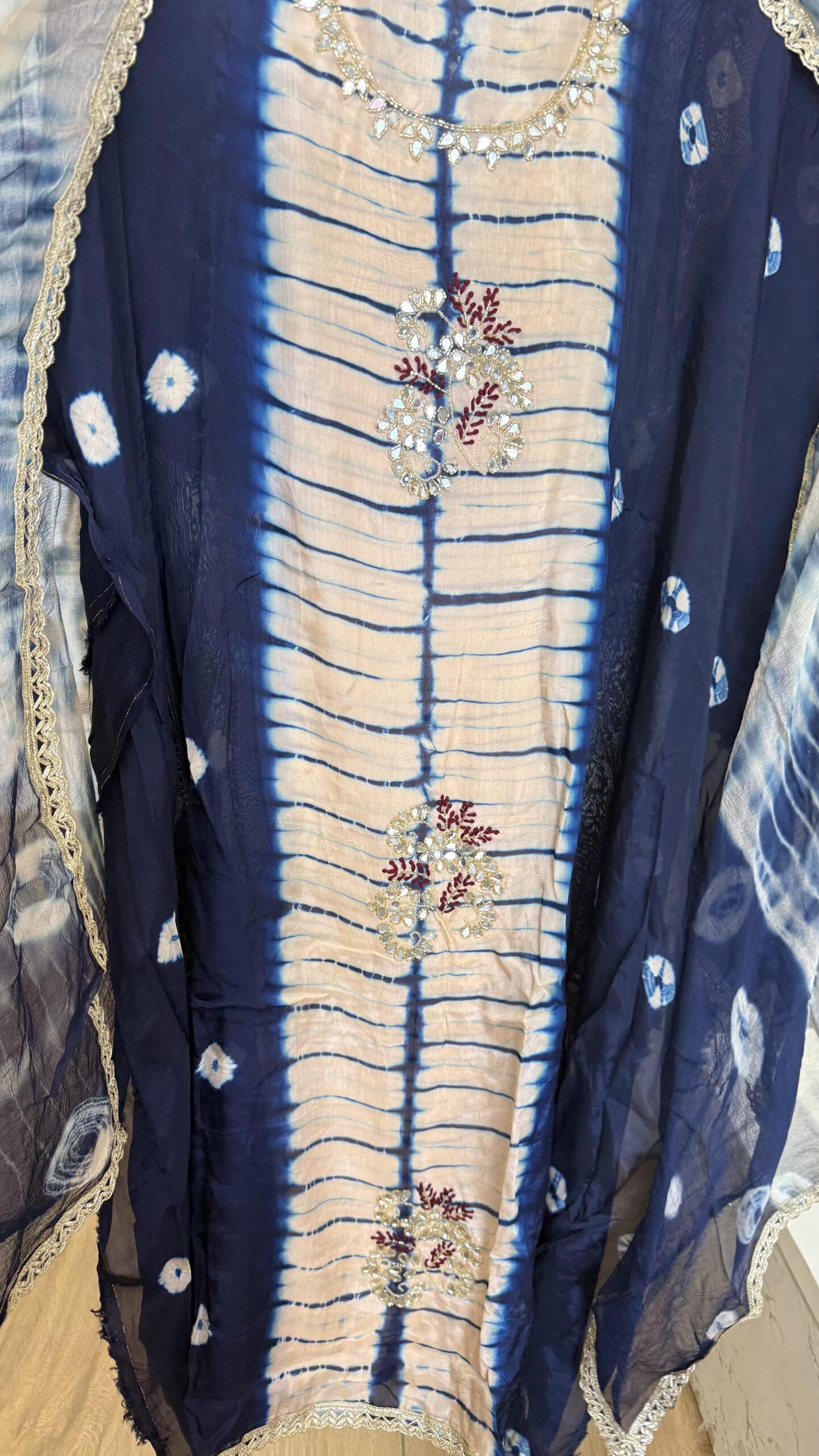 Indigo Tie-Dye Glass Organza Suit with Hand-Work Original Mirrors - Image 4