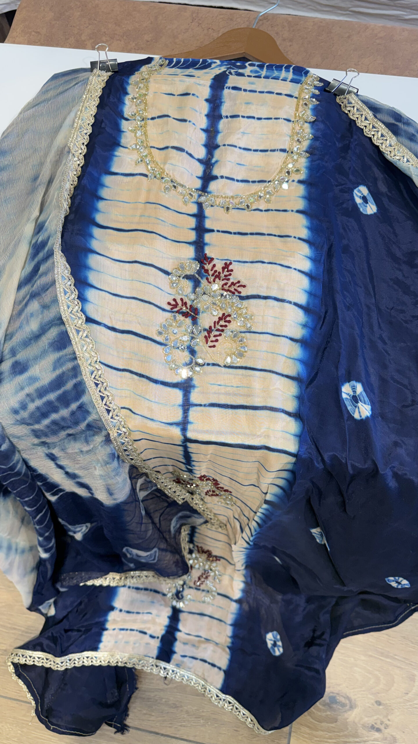 Indigo Tie-Dye Glass Organza Suit with Hand-Work Original Mirrors - Image 5