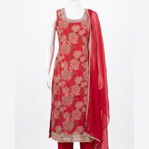 Crimson Floral Twell Muslin Suit with Mirror-Embellished Neckline