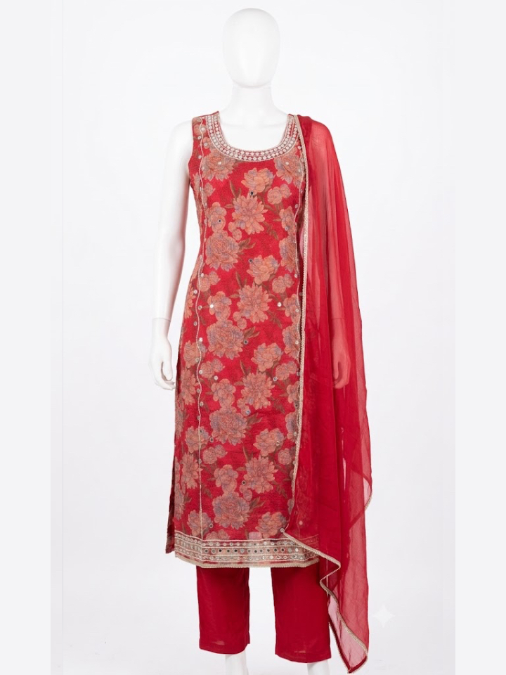 Crimson Floral Twell Muslin Suit with Mirror-Embellished Neckline