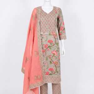Taupe & Coral Floral Premium Cotton Suit Set with Designer Neckline