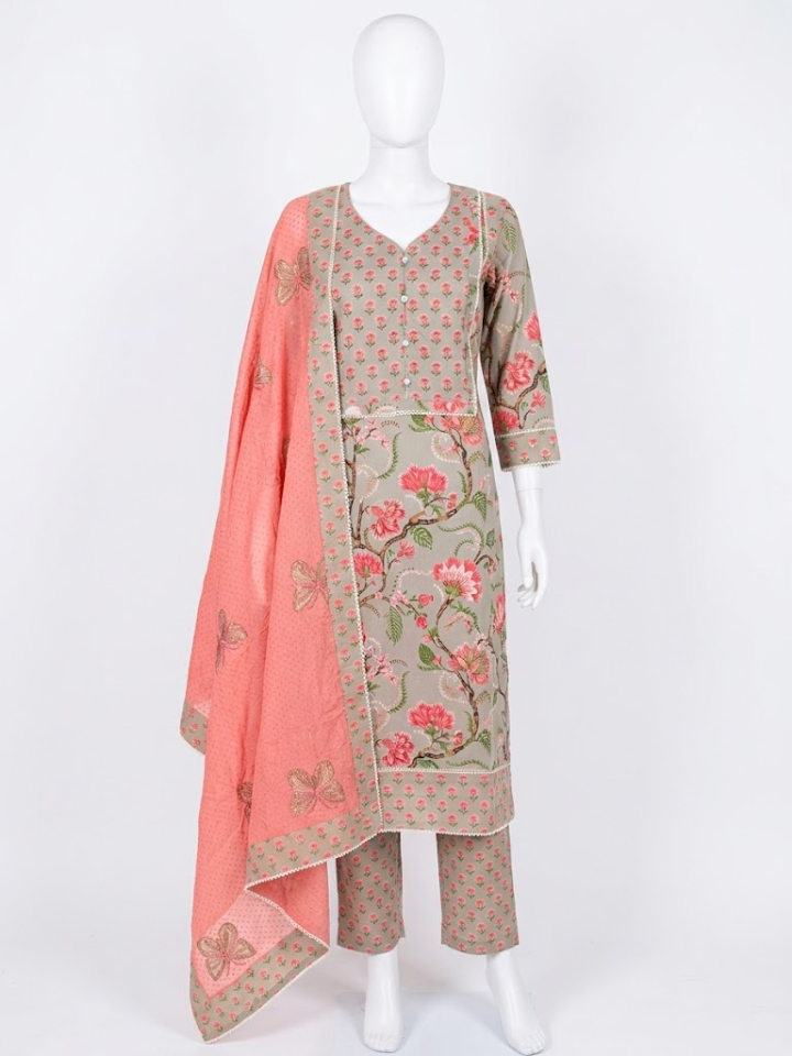 Taupe & Coral Floral Premium Cotton Suit Set with Designer Neckline