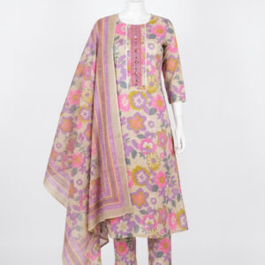 Beige & Bright Floral Print Cotton Suit Set with Embroidered Neck Panel