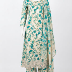Floral Print Cotton Suit Set with Embroidered Neck Panel