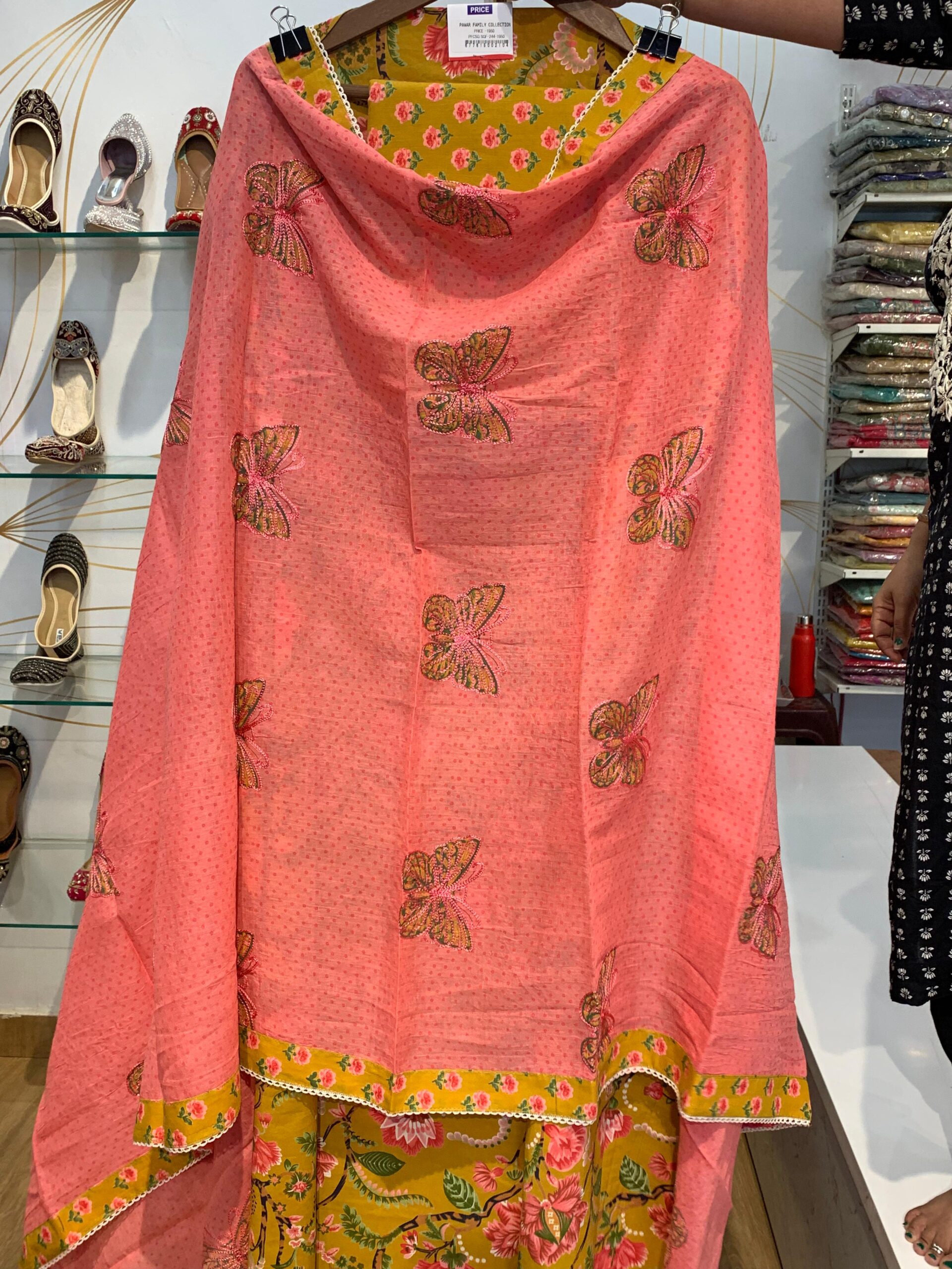 Taupe & Coral Floral Premium Cotton Suit Set with Designer Neckline - Image 3