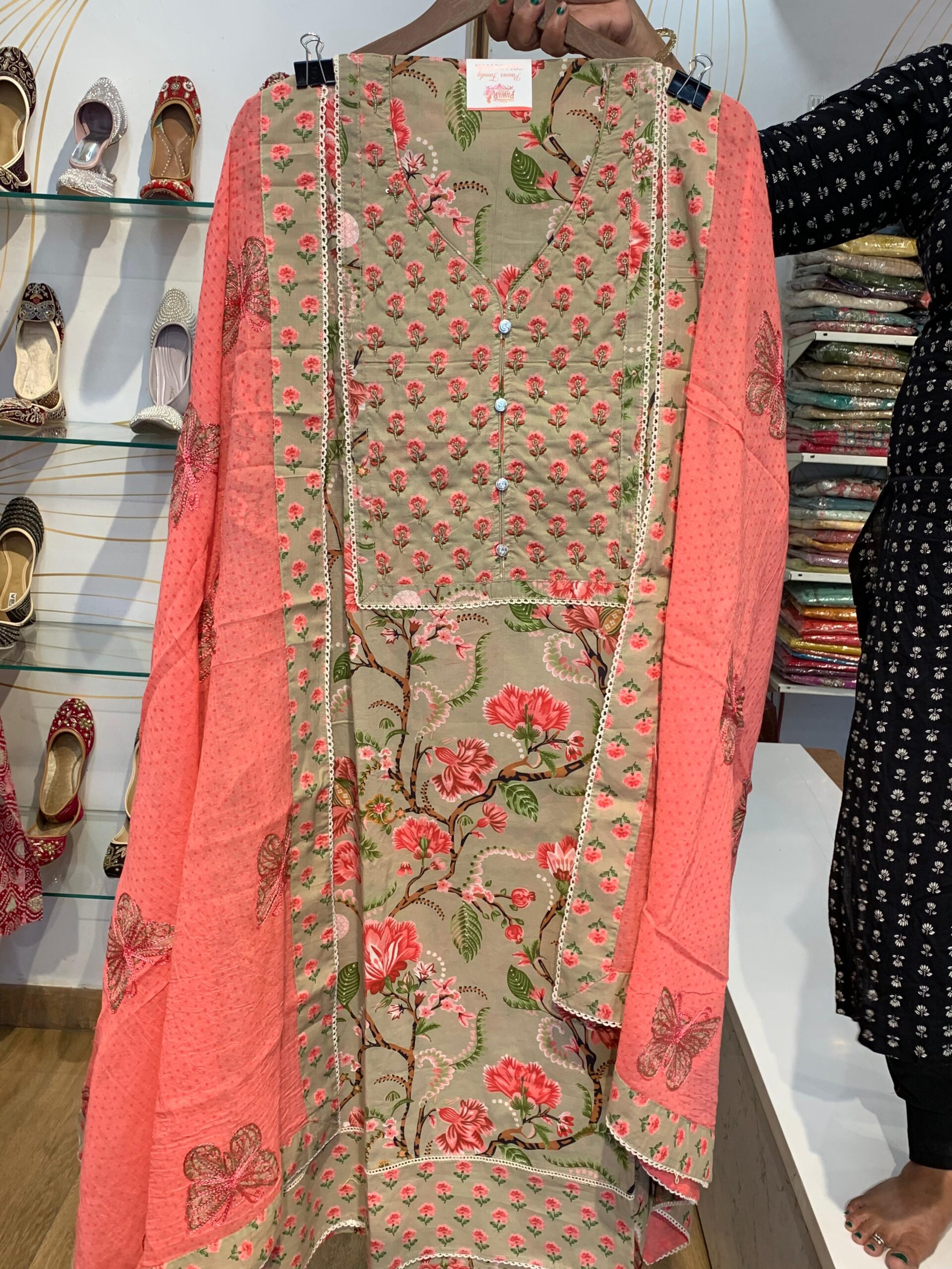 Taupe & Coral Floral Premium Cotton Suit Set with Designer Neckline - Image 2