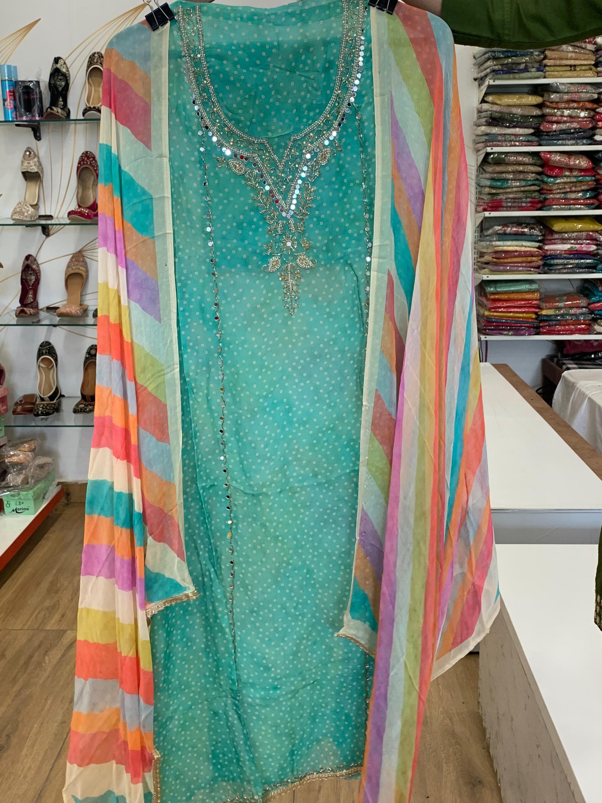 Organza Suit with Multi-Color Leheriya Style Dupatta - Image 6