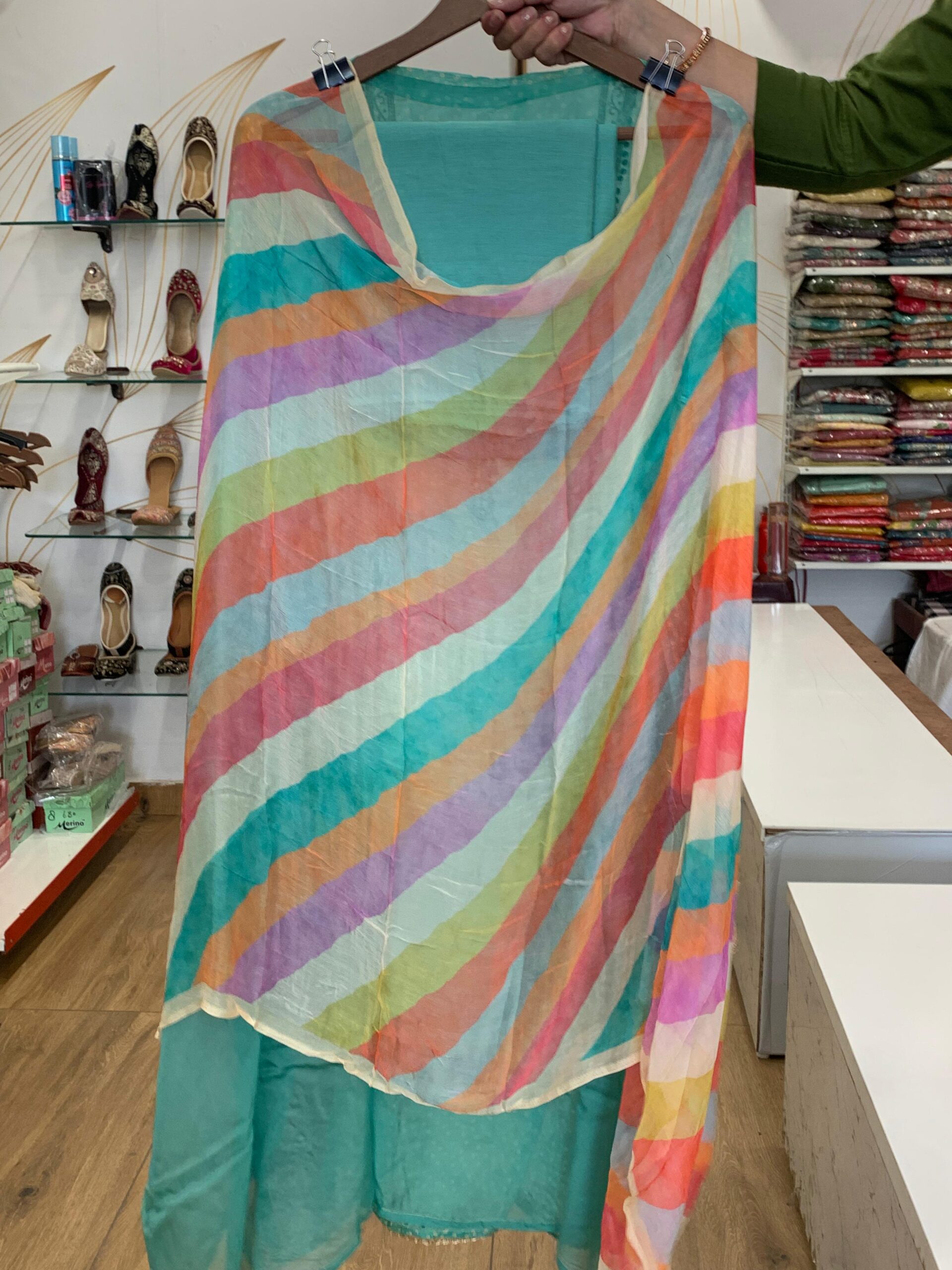 Organza Suit with Multi-Color Leheriya Style Dupatta - Image 7