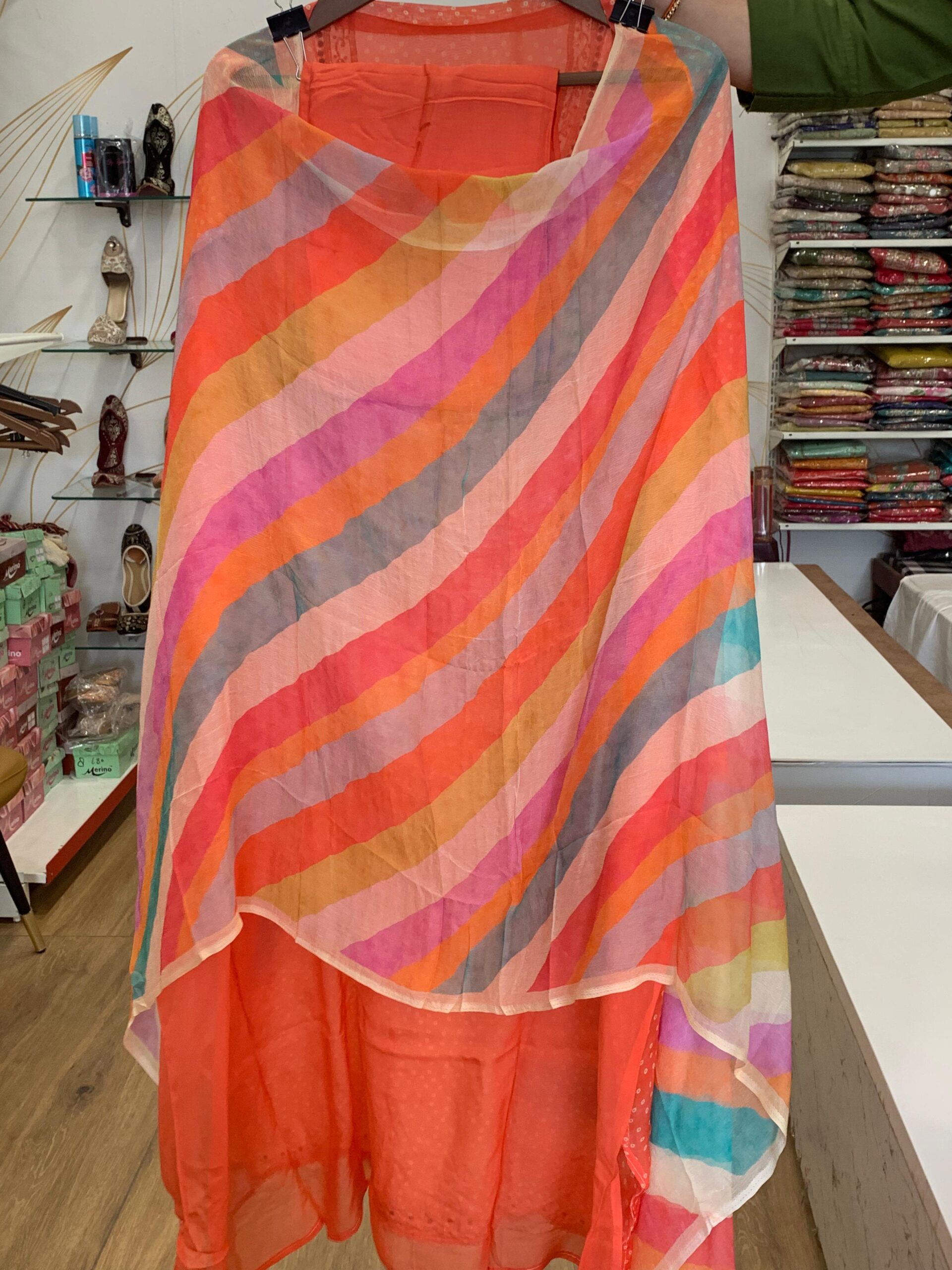 Organza Suit with Multi-Color Leheriya Style Dupatta - Image 8