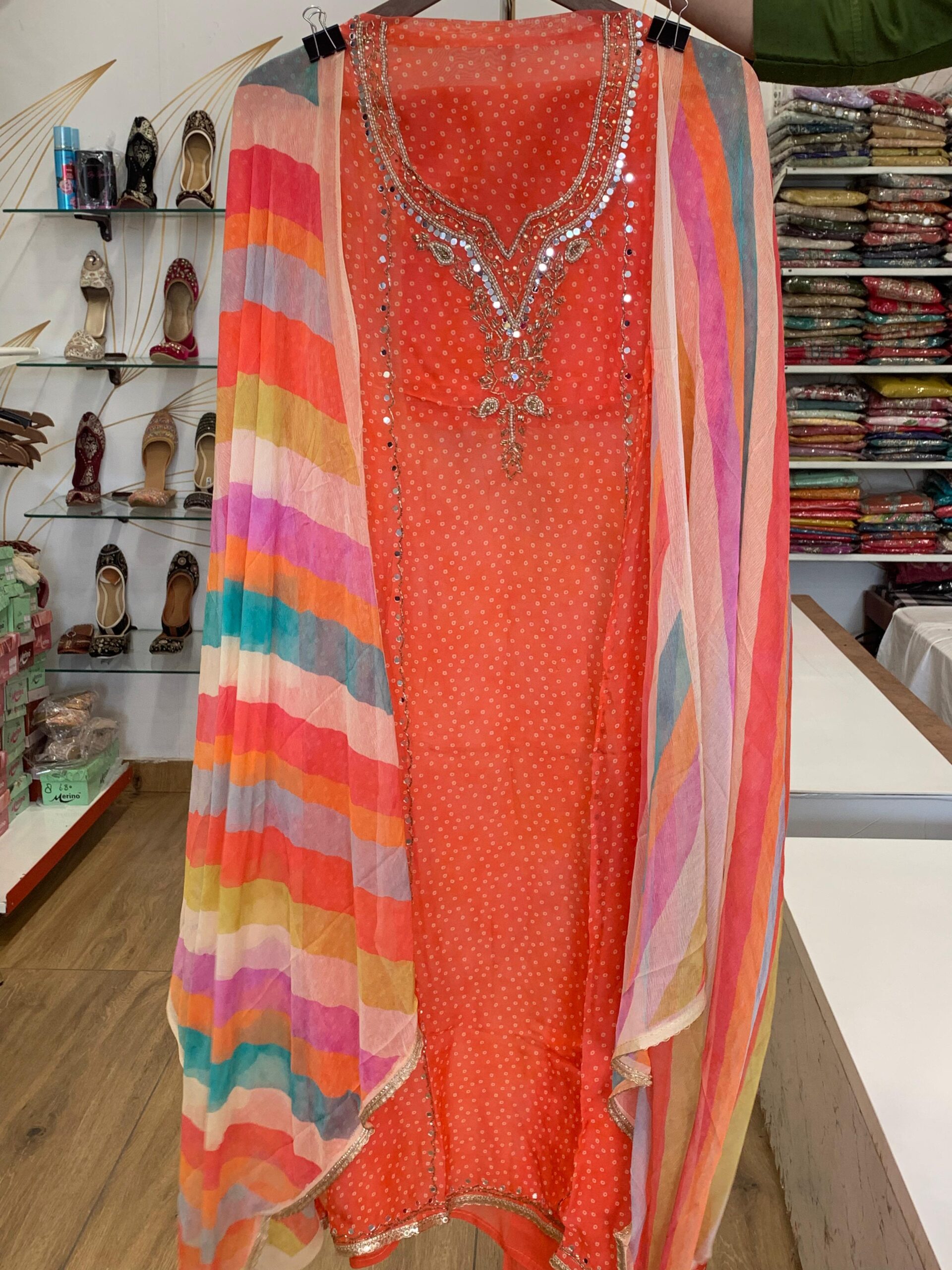 Organza Suit with Multi-Color Leheriya Style Dupatta - Image 9