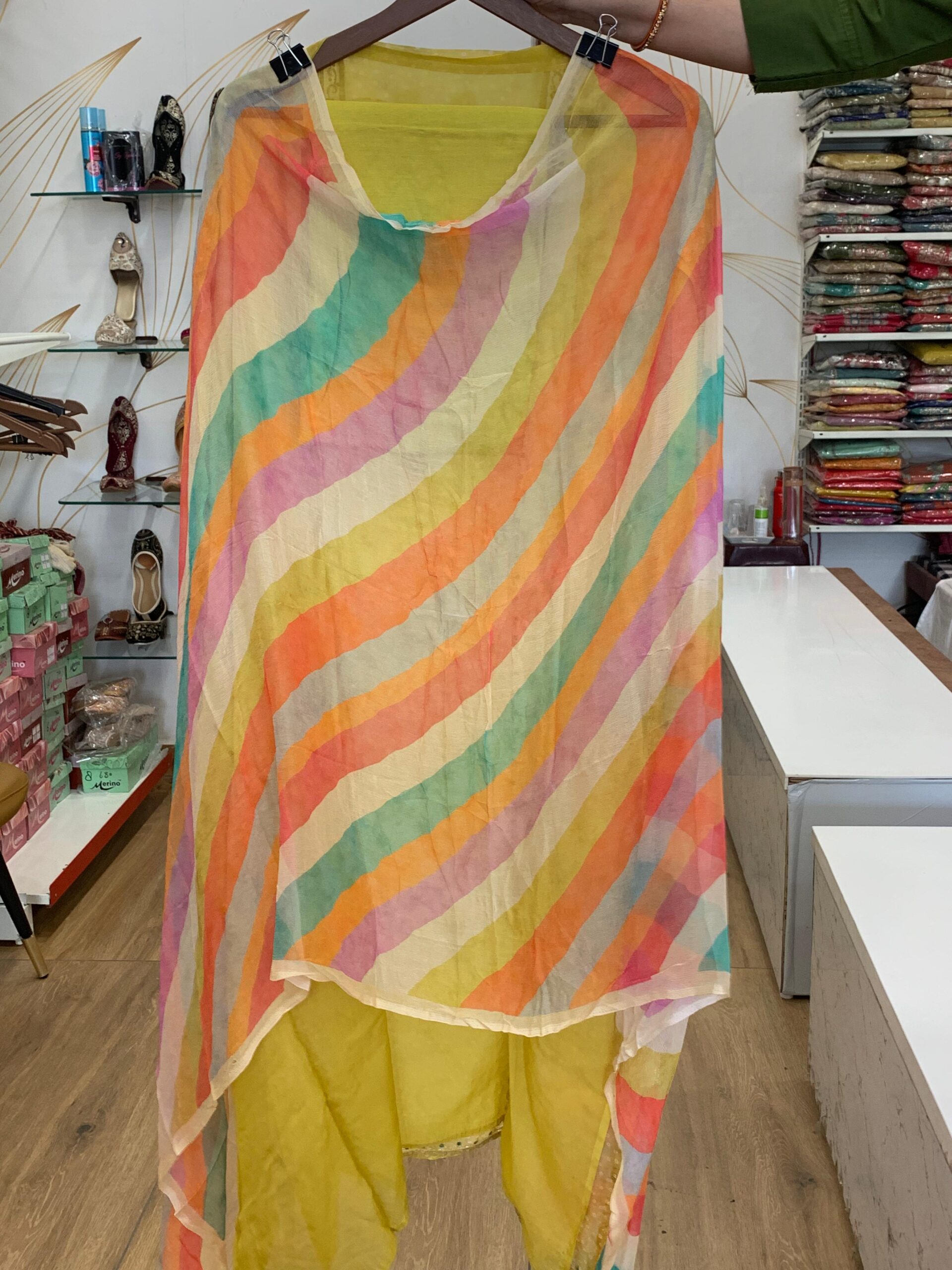 Organza Suit with Multi-Color Leheriya Style Dupatta - Image 3