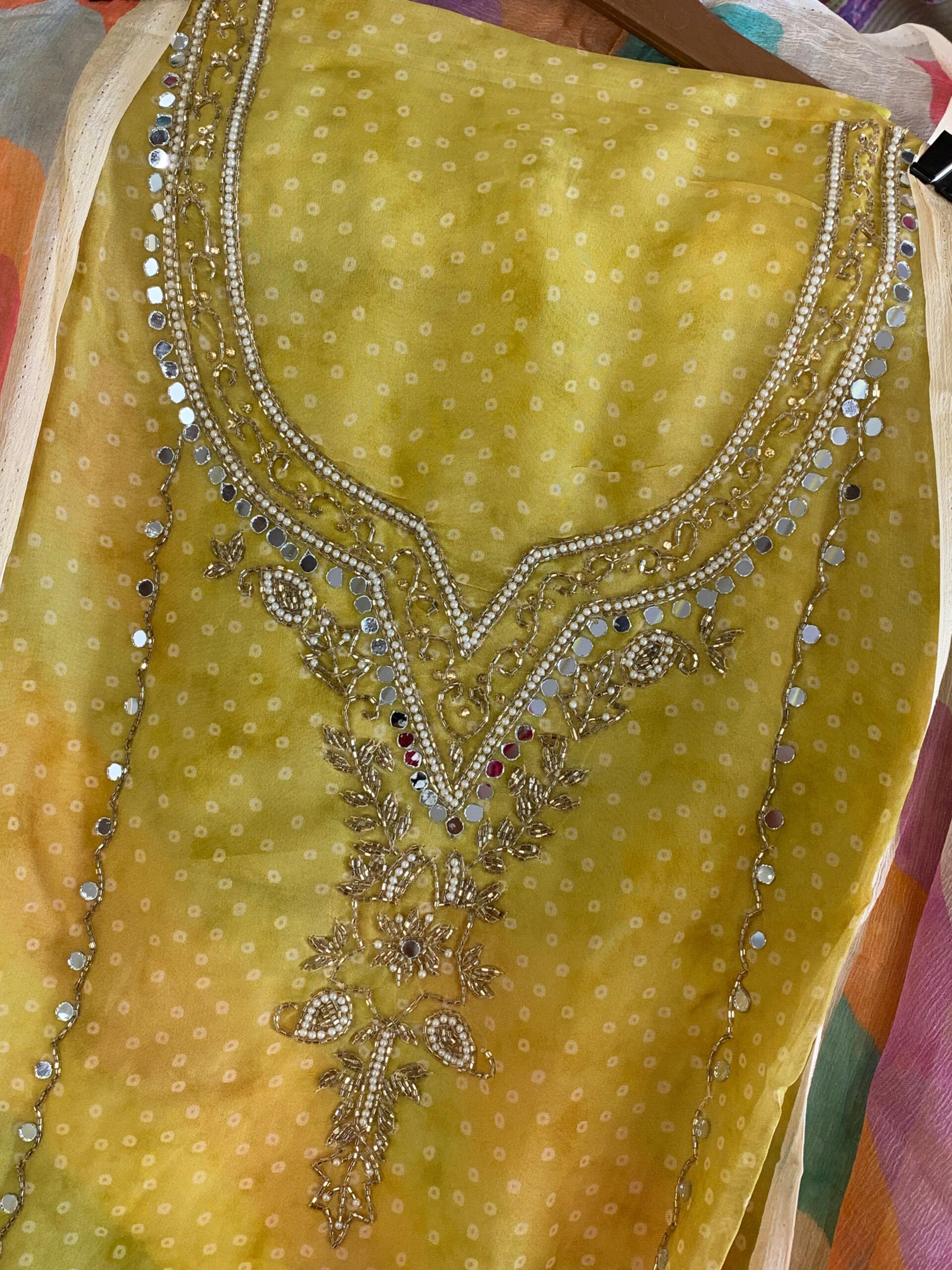 Organza Suit with Multi-Color Leheriya Style Dupatta - Image 2