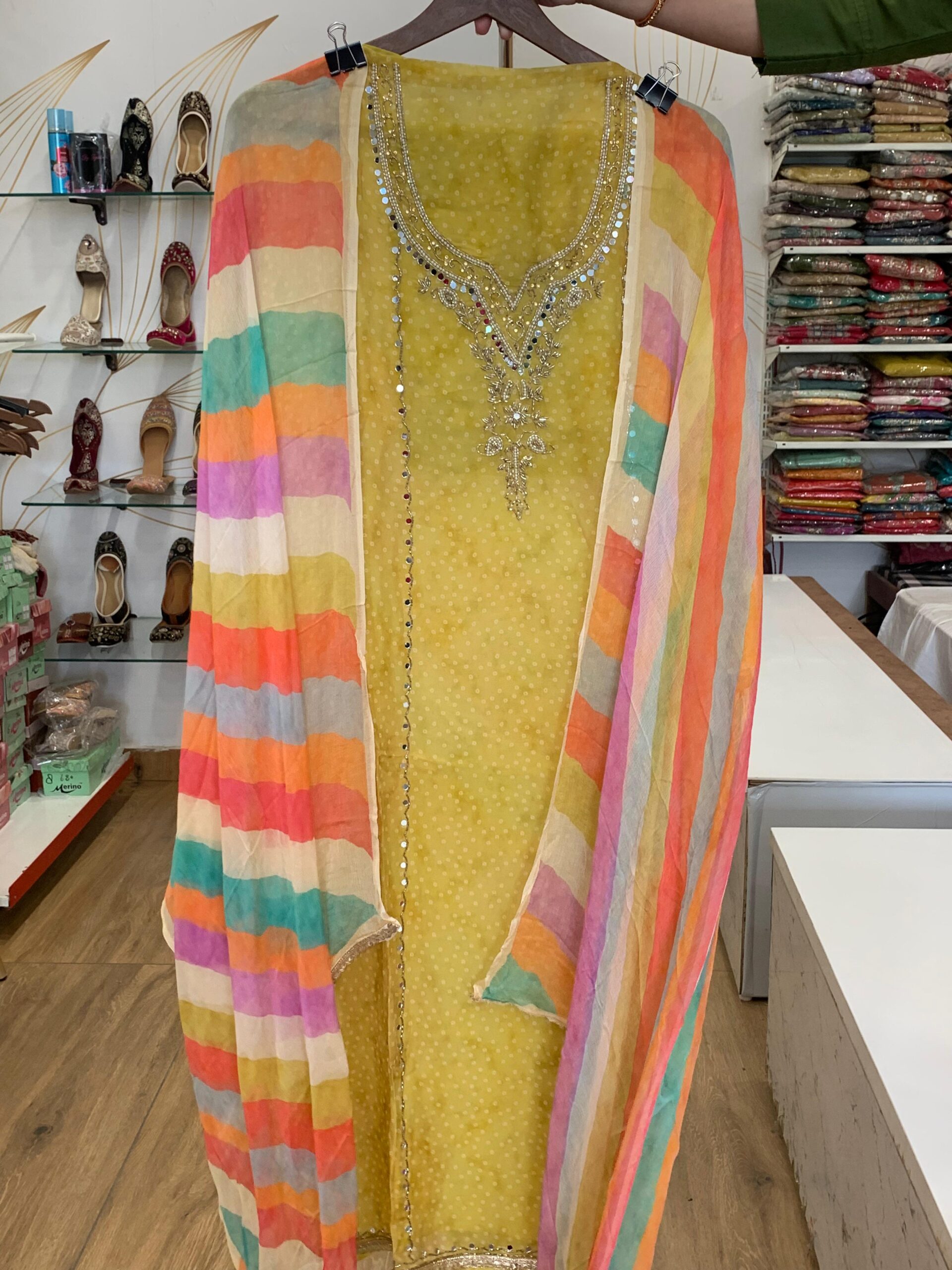 Organza Suit with Multi-Color Leheriya Style Dupatta - Image 4