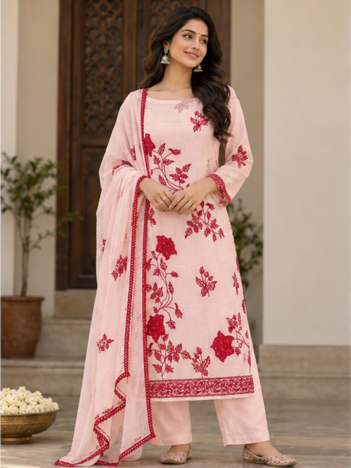 Pastel Pink Embroidered Chanderi Kurta Set with Dupatta