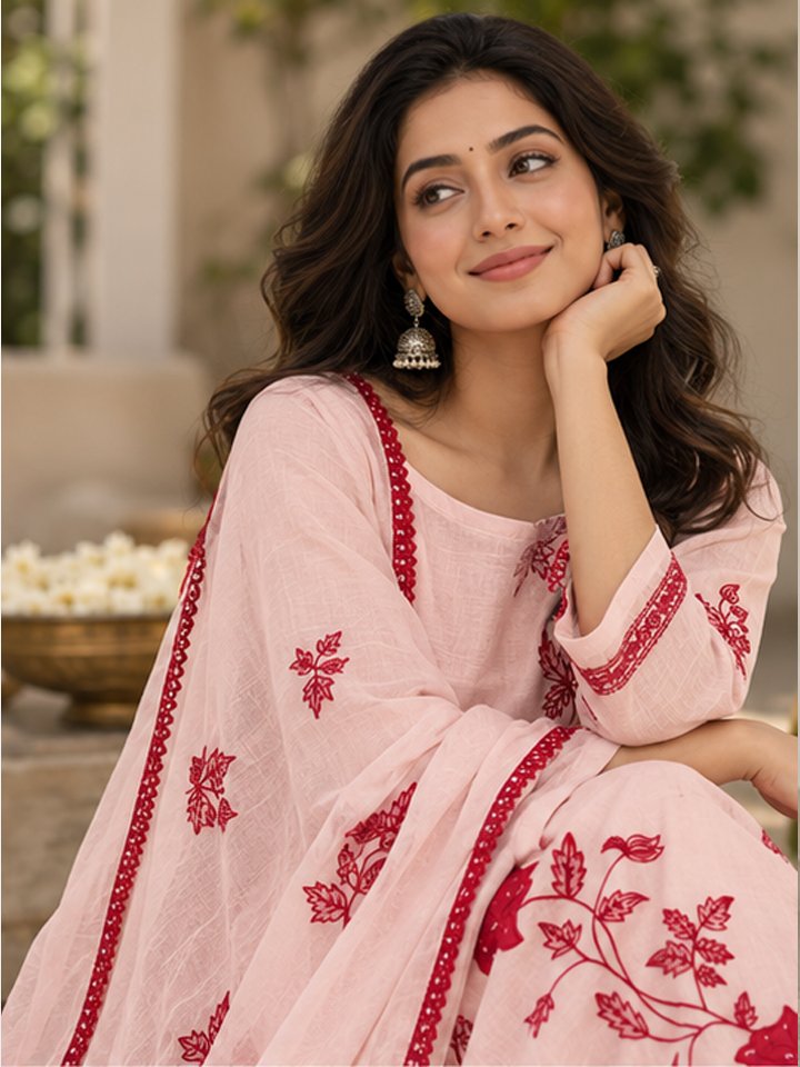 Pastel Pink Embroidered Chanderi Kurta Set with Dupatta - Image 2