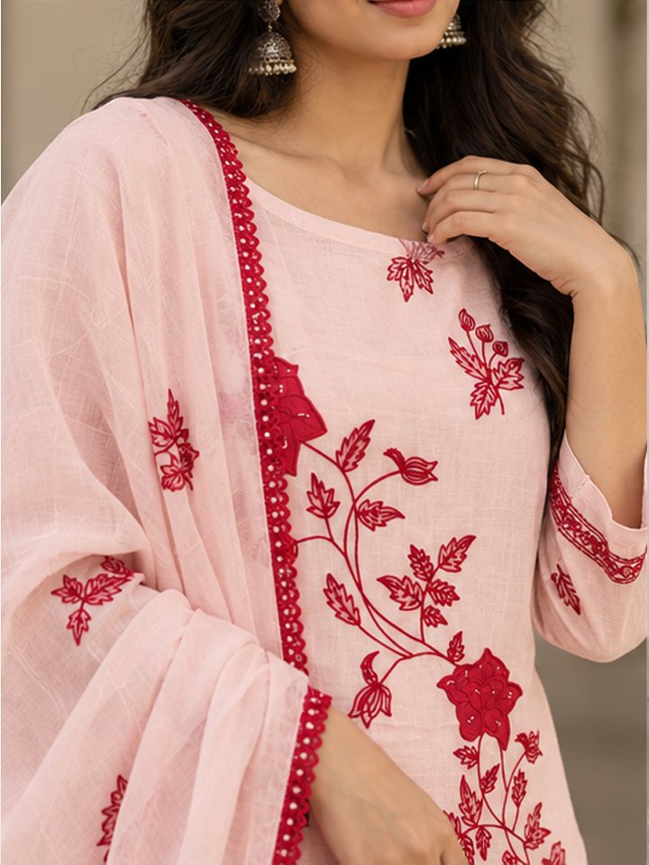 Pastel Pink Embroidered Chanderi Kurta Set with Dupatta - Image 3