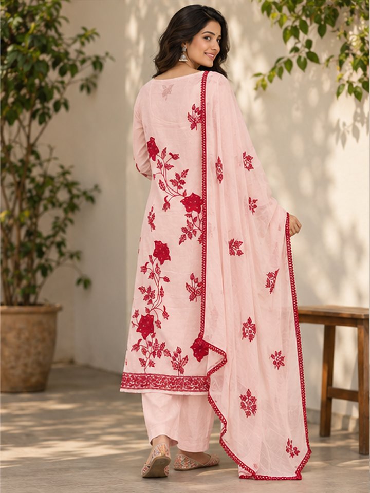 Pastel Pink Embroidered Chanderi Kurta Set with Dupatta - Image 4