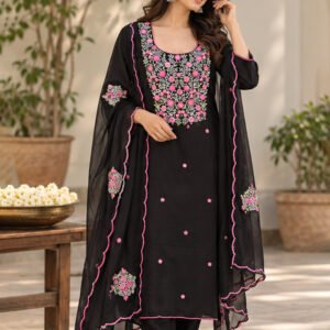 Jet Black Floral Embroidered Kurta Fabric with Designer Dupatta