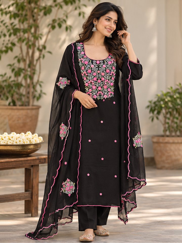 Jet Black Floral Embroidered Kurta Fabric with Designer Dupatta