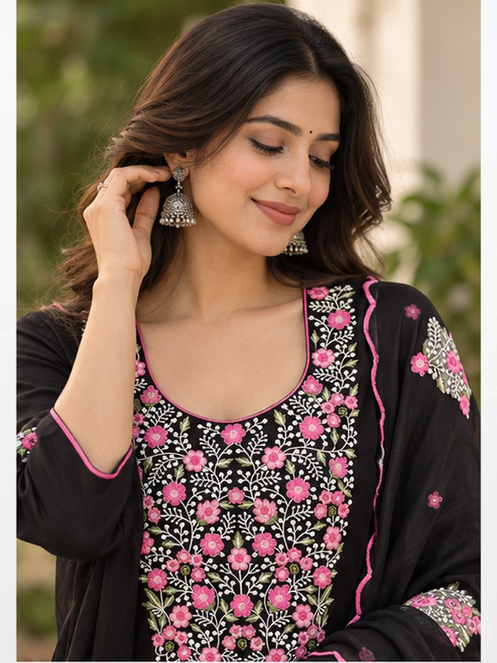 Jet Black Floral Embroidered Kurta Fabric with Designer Dupatta - Image 2