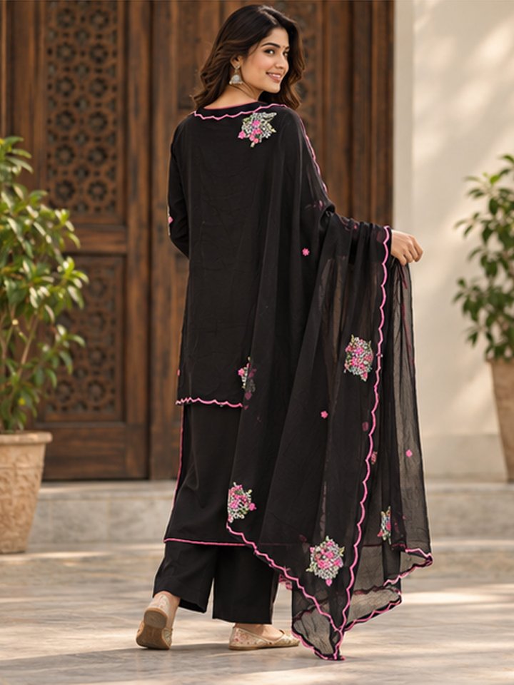 Jet Black Floral Embroidered Kurta Fabric with Designer Dupatta - Image 3
